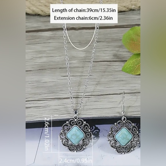 SET: Gemstone inlaid turquoise silver filigree set earrings/necklace brand new - Picture 3 of 4